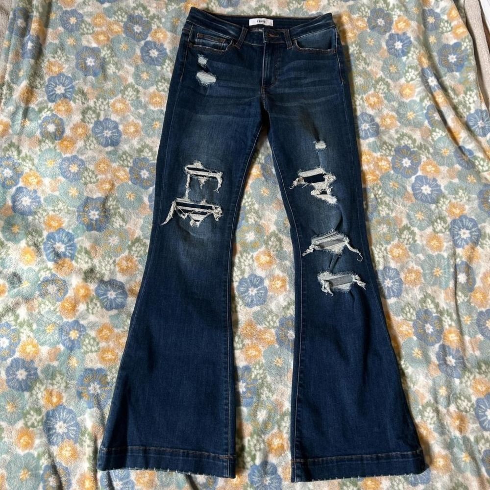 Ceros Dark wash distressed ripped high rise flare jeans women's 27"